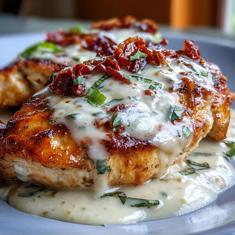 Golden seared chicken breasts simmered in a luscious, herb-infused cream sauce with sun-dried tomatoes, perfect for a romantic dinner.