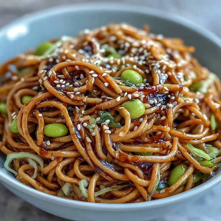 Vibrant sesame ginger noodle bowl featuring soba noodles, colorful vegetables, and protein-rich edamame, ideal for warm weather dining.