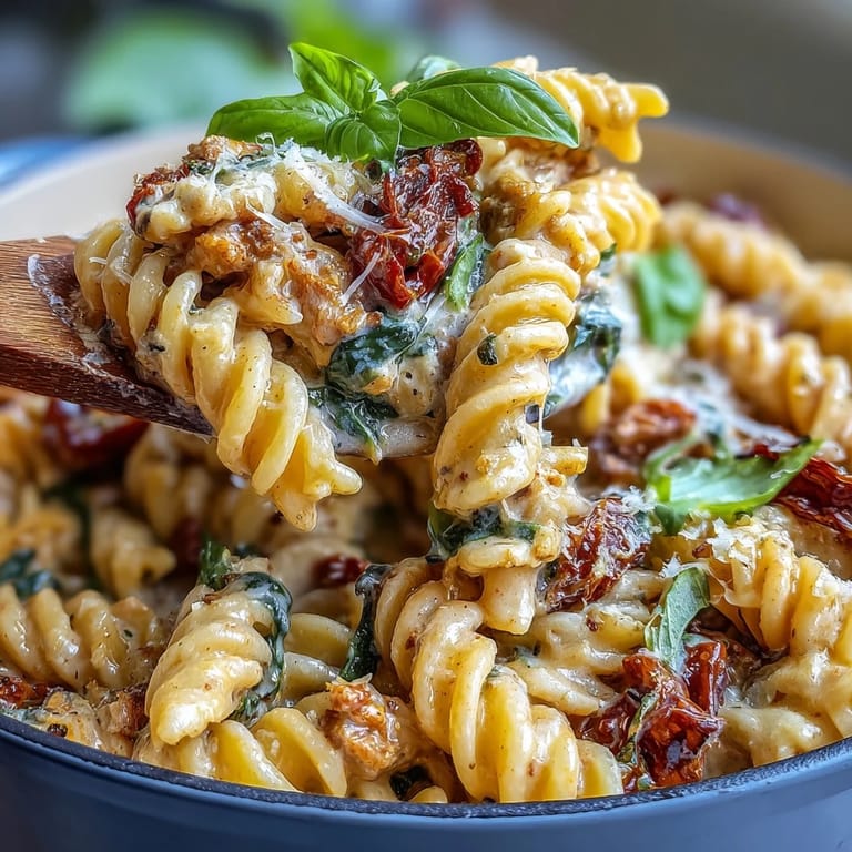 Easy One-Pot Tuscan Pasta dish with fresh spinach and sun-dried tomatoes, perfect for a quick and satisfying vegetarian meal.