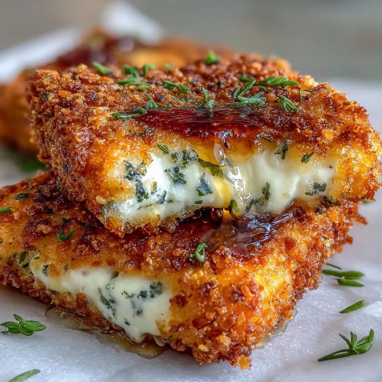 Oven-baked crispy feta coated in golden panko, topped with herbs and honey for a savory-sweet treat.