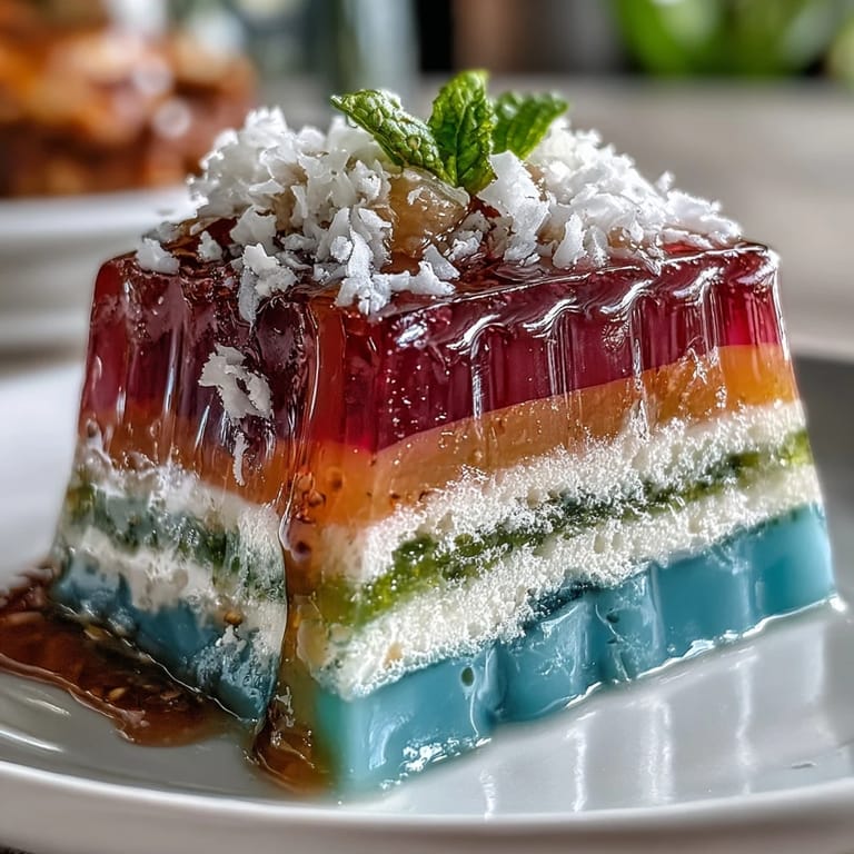 Visually stunning Agar-Agar Rainbow Jelly Cake, a summery treat with fruity hues.