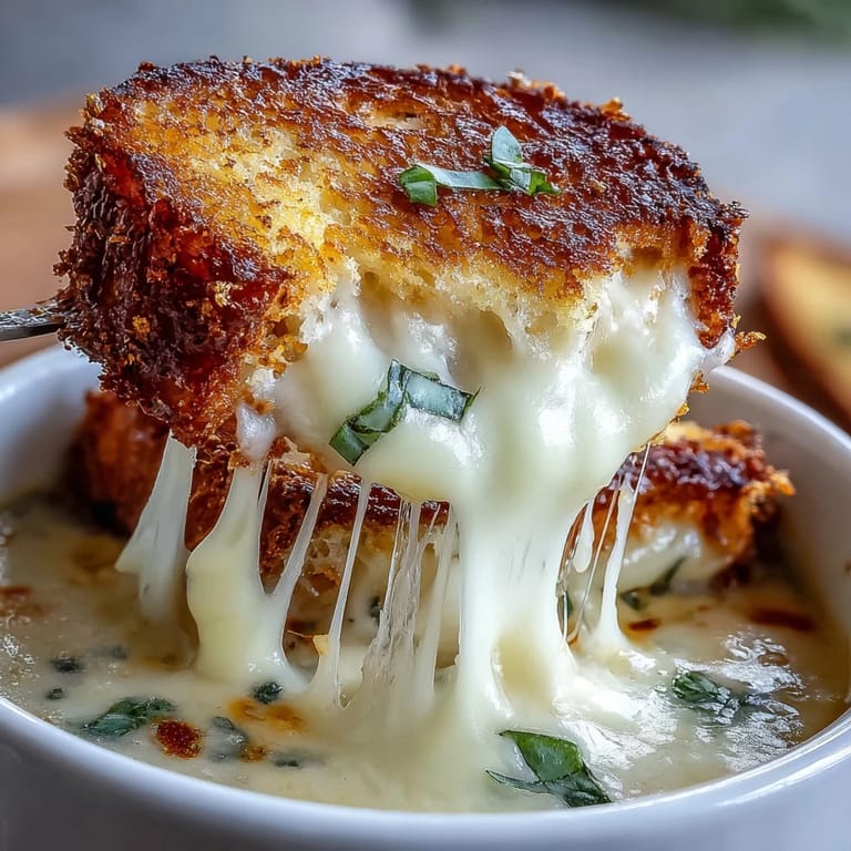 Dipped mini grilled cheese sandwiches paired with a steaming bowl of tomato soup.