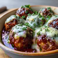 Golden-brown Baked Spicy Chicken Parm Meatballs simmer in rich red sauce, melted mozzarella bubbling on top.