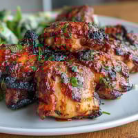 Vibrant tandoori chicken thighs with smoky char, served on a platter with fresh lemon wedges and herbs.  