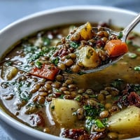 Hearty little sprout green lentil stew with tender carrots and creamy potatoes in a fragrant herb broth.  