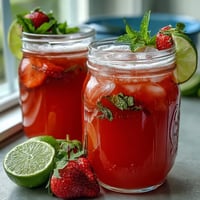 A tall glass of strawberry basil lemonade with fresh basil leaves and sliced strawberries floating in ice.