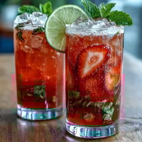 A vibrant strawberry lemon sparkling mocktail in a tall glass, garnished with fresh mint and lemon slices, perfect for spring gatherings.