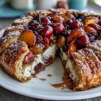 Rustic summer stone fruit galette with frangipane, featuring juicy peaches, plums, and cherries baked in a flaky almond pastry crust.