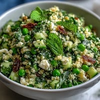 Vibrant Spring Pea and Mint Couscous Salad with fresh herbs and crisp vegetables.  