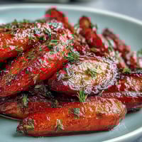 Honey Glazed Roasted Carrots with Thyme, caramelized to perfection and sprinkled with fresh thyme for a fragrant, sweet, and savory side dish.