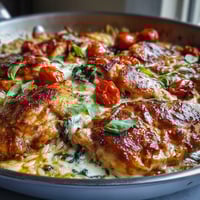 Golden One-Pan Creamy Chicken Lasagna Orzo with melted mozzarella and fresh basil garnish.