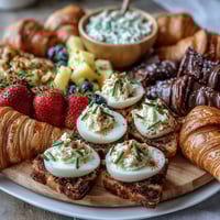 Festive Easter brunch board with deviled eggs, fresh fruit, and mini pastries arranged for sharing.