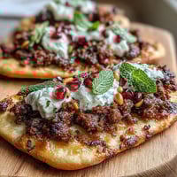Spiced Lamb Flatbread Pizza topped with creamy Greek yogurt, juicy pomegranate seeds, and fresh mint leaves for a vibrant meal.