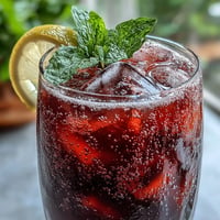 A vibrant glass of sparkling hibiscus mint lemonade with fresh mint leaves and lemon slices, offering a refreshing non-alcoholic beverage perfect for summer gatherings.