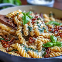 Creamy One-Pot Tuscan Pasta with spinach and sun-dried tomatoes, served in a rustic skillet for a cozy dinner.