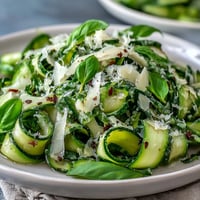 Shaved Zucchini Ribbon Salad: bright lemon dressing, shaved Parmesan, and fresh basil.