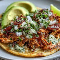 Tender slow cooker salsa verde chicken tacos piled high with fresh toppings and lime.